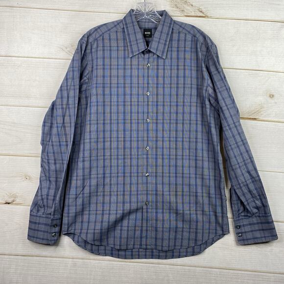 Hugo Boss Men's Shirt Sz L Fitted Blue Plaid Button Up 100% Cotton Long Sleeve - Picture 1 of 12